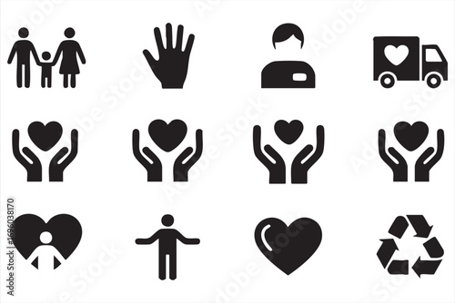 Black White Vector Icons of Community Love Heart and Nonprofit Support
