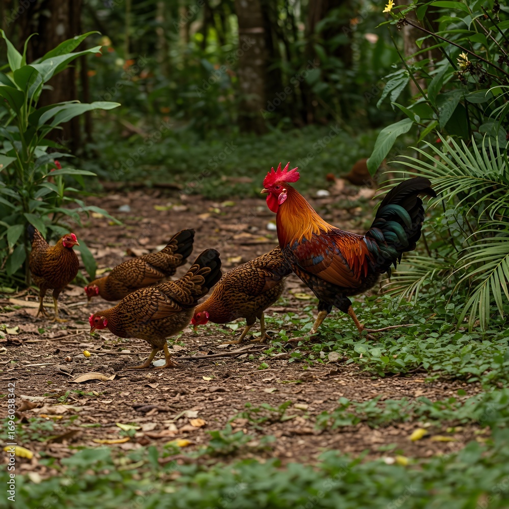 Fototapeta premium Red Junglefowl (Gallus gallus), the wild ancestor of domestic chicken, vibrant plumage, tropical forest bird, exotic wildlife, natural beauty, Southeast Asia species.
