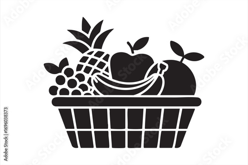 Black White Vector Fruit Basket Icon for Healthy Lifestyle Designs