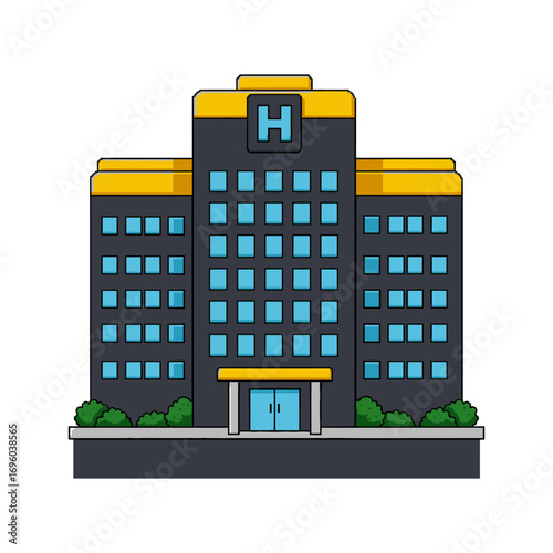 Pixel Art Hospital Building with Yellow Accents and Green Bushes.