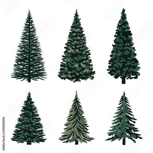 Collection of six stylized evergreen trees in various shades of green for nature themed designs
