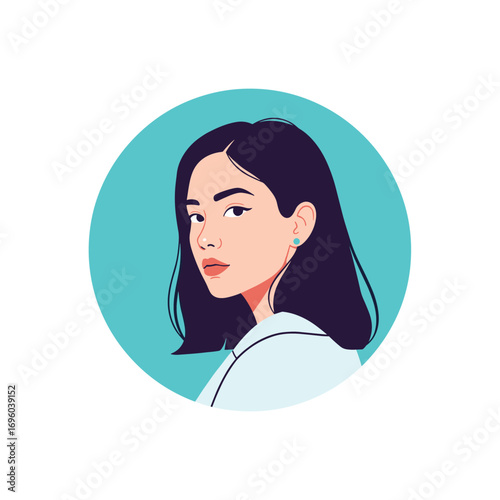 A beautiful young woman with dark hair and expressive eyes gazing sideways with a gentle smile