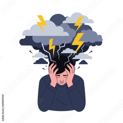 Illustrative representation of a person experiencing extreme mental stress and overwhelming thoughts amidst a storm of anxiety