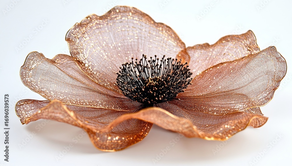 Obraz premium Beautiful apricot flower with gold sparkle, delicate petals, and dark center for floral designs.
