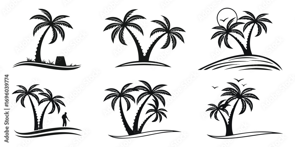 Fototapeta premium coastal-palm-tree-line-icons-set---6-minimalist-ic