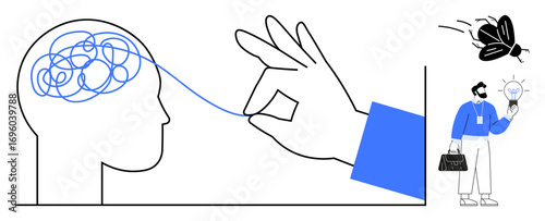 Hand untangling messy thoughts from brain with a string, person holding glowing bulb of idea, signifying clarity and creativity. Ideal for problem-solving, mental clarity, creativity, innovation