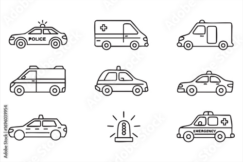 Vector Line Art Icons of Police Patrol Ambulance and Emergency Response