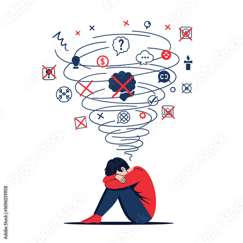 Overwhelmed person experiencing mental chaos and information overload illustration