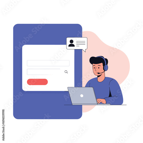 Customer service representative wearing headset working on laptop next to digital interface with chat bubble notification