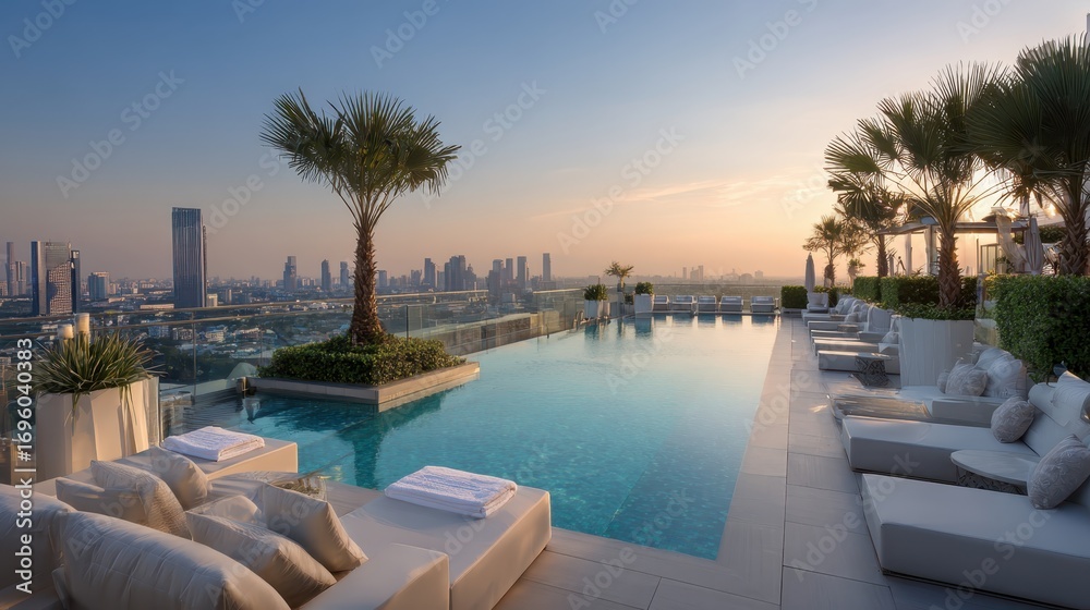 Fototapeta premium Rooftop infinity pool at sunset with city view