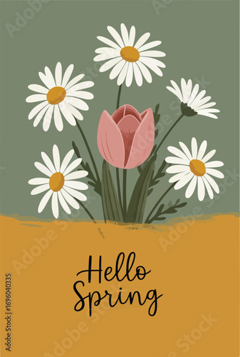 Charming hello spring bouquet featuring daisies and a tulip to brighten the season's start