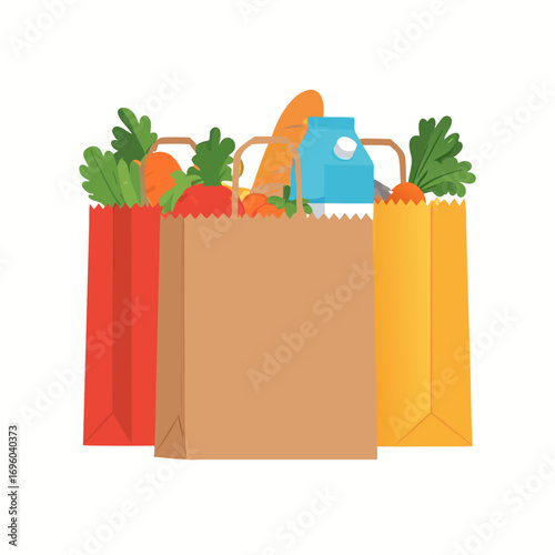 Food pantry vector illustration with colorful grocery bags filled with fresh produce