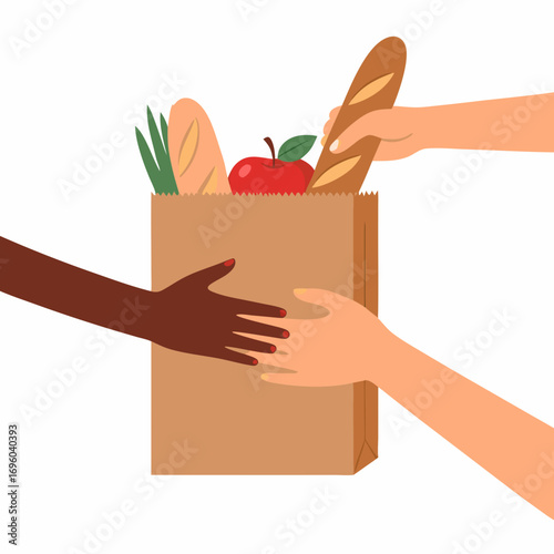 hands passing a grocery bag with fresh produce and bread from food pantry vector