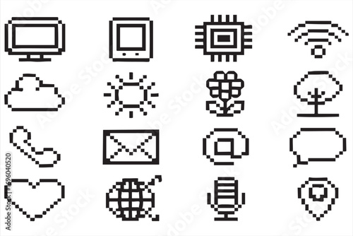 Pixel Art Icons Collection for Technology Nature and Digital Communication
