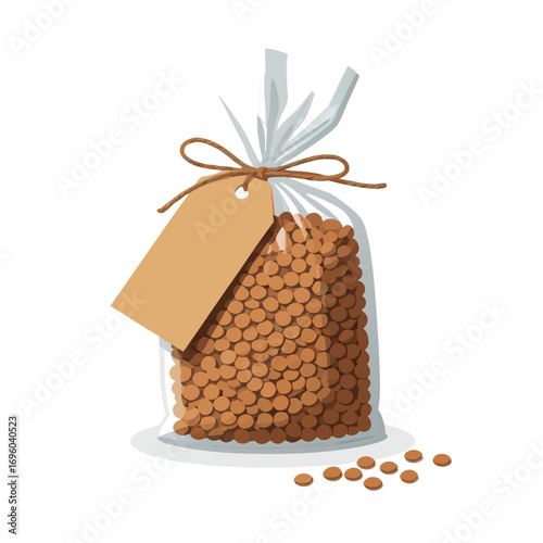 Food pantry vector illustration of a bag filled with dry goods and a blank tag for donation or storage