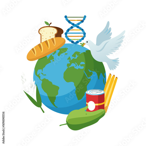 food pantry vector illustration with globe and dove surrounded by bread can and vegetables