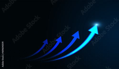 Set of curved blue arrows rising upward, symbolizing rapid growth and innovation in finance and technology. The arrows converge towards a glowing point