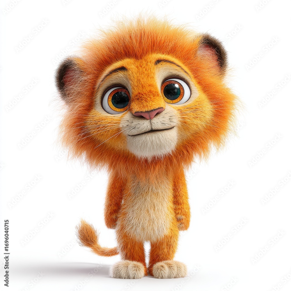Obraz premium A cute cartoon lion character stands upright, showcasing its fluffy orange mane and large, bright eyes. The character exudes charm and friendliness, inviting a sense of joy.