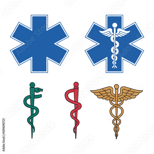Medical Symbols Set – Star of Life, Rod of Asclepius, and Caduceus Vector Icons