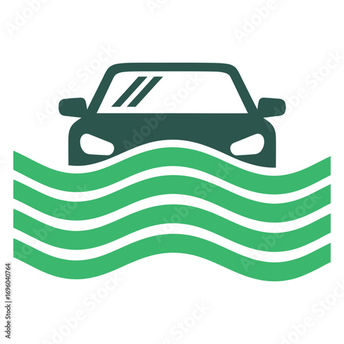 Car partially submerged in wavy water icon isolated on white background