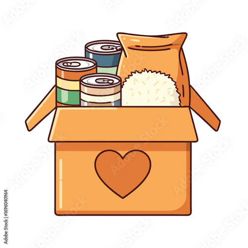 Food pantry vector illustration with open box full of canned goods and rice