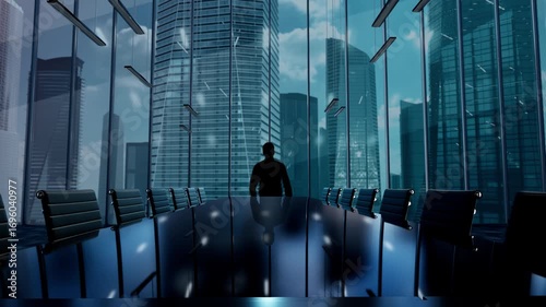 Plan. Execute. Succeed. Businessman Working in Office among Skyscrapers. Hologram Concept