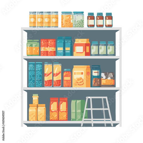food pantry vector illustration with grocery items on shelves and stool
