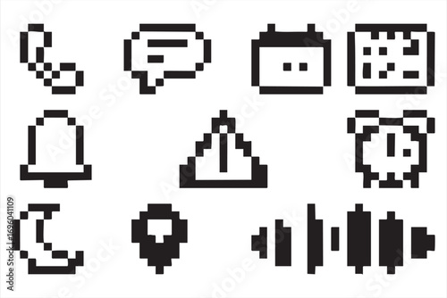 Pixel Communication and Alert Icons Set with Phone Calendar and Alarm Symbols