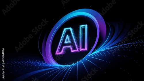 Glowing Neon 'AI' Logo Encircled by a Futuristic Ring With a Swirling Wave of Blue Data Particles on a Black Background: Information and the Power of AI, PowerPoint Background