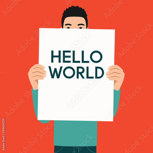 a man holding a sign with hello world text in front of face food pantry vector