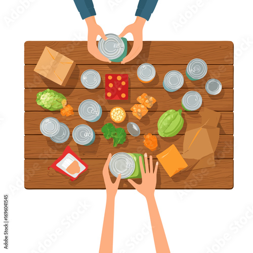 Hands holding food cans on wooden table with assorted groceries for food pantry vector
