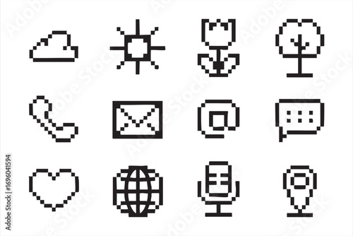 Pixel Communication and Nature Icons Set with Cloud Sun Tree and Flower Symbols