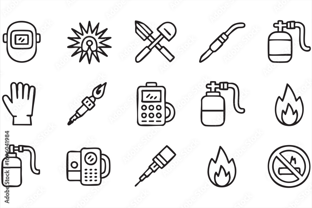 Fototapeta premium Torch Helmet and Welding Safety Symbols in Flat Minimal Outline Style