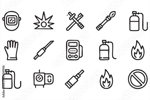 Line Icons Set of Welding Mask Torch Gloves Fire Extinguisher and Safety Symbols for Metalwork and Industrial Design
