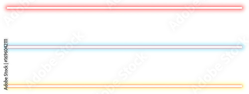 Three Horizontal Neon Lines Red Blue and Yellow with White Center Lines on White Background