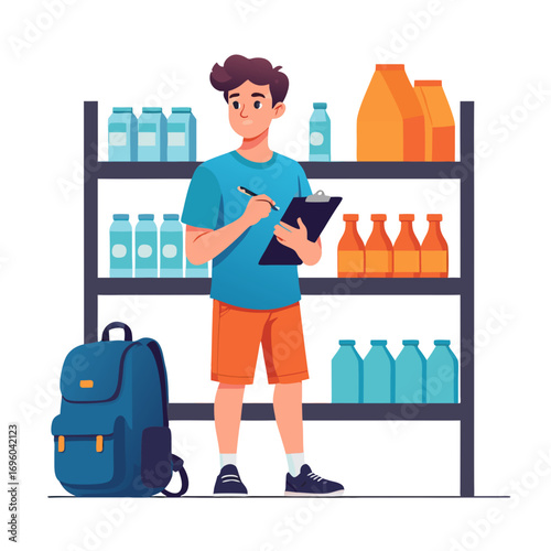 a man in blue shirt and orange shorts standing in front of a food pantry vector shelf with bottled water and juice boxes