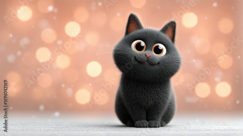 Wallpaper Mural A fluffy black cat with big expressive eyes is sitting attentively on a smooth surface. Soft bokeh lights create a warm winter atmosphere around it. Torontodigital.ca