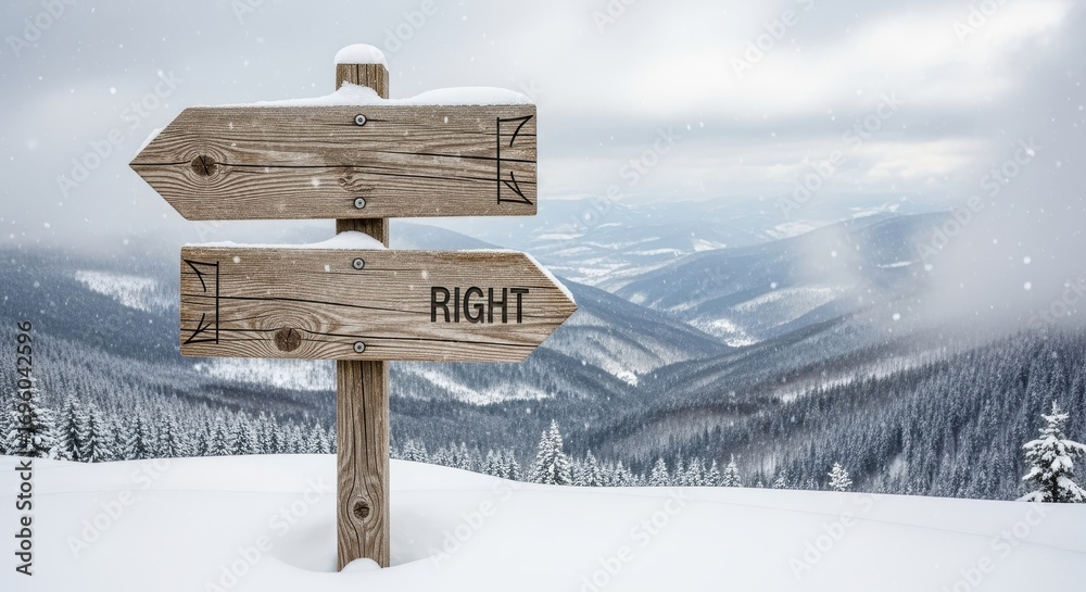 Naklejka premium Wooden Signpost Pointing Right in Snowy Winter Landscape