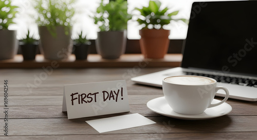 New beginnings fresh start first day at work office desk workspace laptop coffee plants motivation inspiration success goals dreams job career opportunity