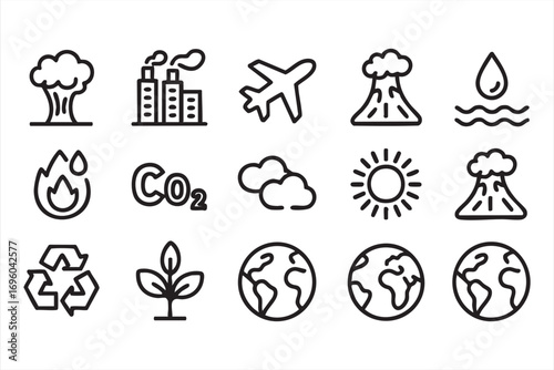 Environment and Climate Change Line Icons Set with Pollution and Recycling Symbols