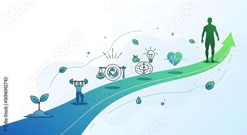 Visualizing the journey of health and well-being, a progressive path from growth to optimal physical and mental fitness, embodying holistic lifestyle and personal development