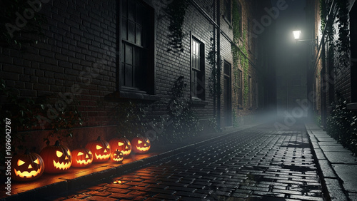 Misty Cobblestone Street with Jack-o’-Lantern Lanterns