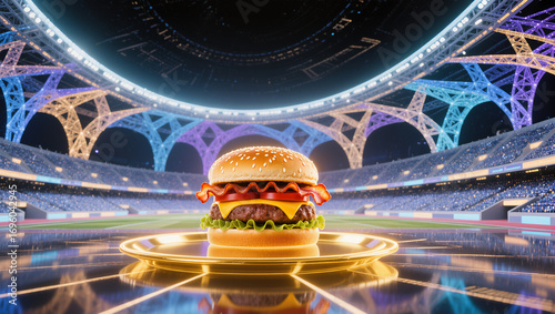 Bright burger shines in vibrant stadium during the big game