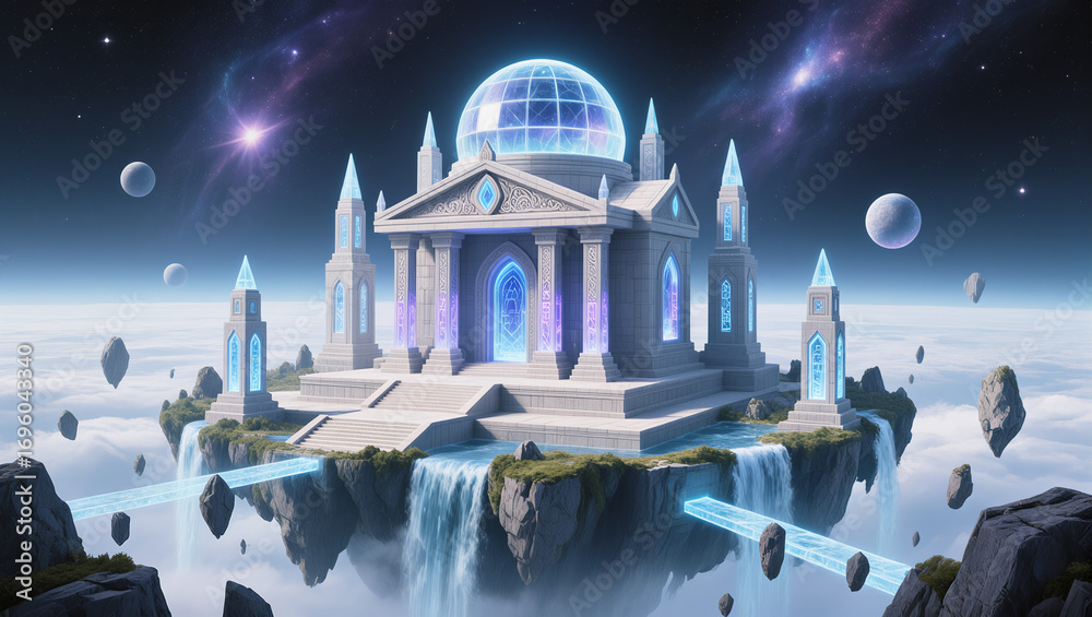 custom made wallpaper toronto digitalMajestic floating temple in a cosmic landscape with waterfalls