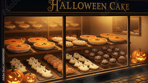 Pastry Display Window with “HALLOWEEN CAKE” Sign