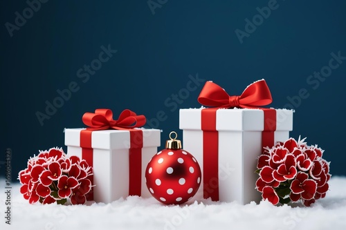 Photorealistic still life: two white gift boxes with red ribbons (one soft red), a red Christmas ball with thin white stripes, small red balls, two red hydrangeas with white frost
