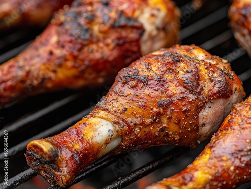 Close-up of smoked turkey legs with a deep, rich color and crispy skin