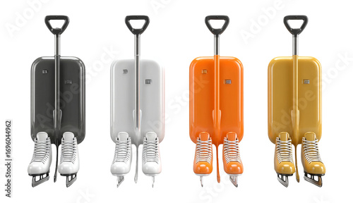 Colorful Ice Skates and Shovels Displayed in a Row on White Background