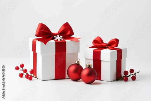 White Christmas gift boxes with red satin bows and festive decorations on a clean white background, perfect for holiday designs