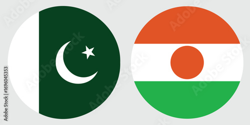 Circular Flags of Niger and Pakistan on Grey Background – International Partnership Concept